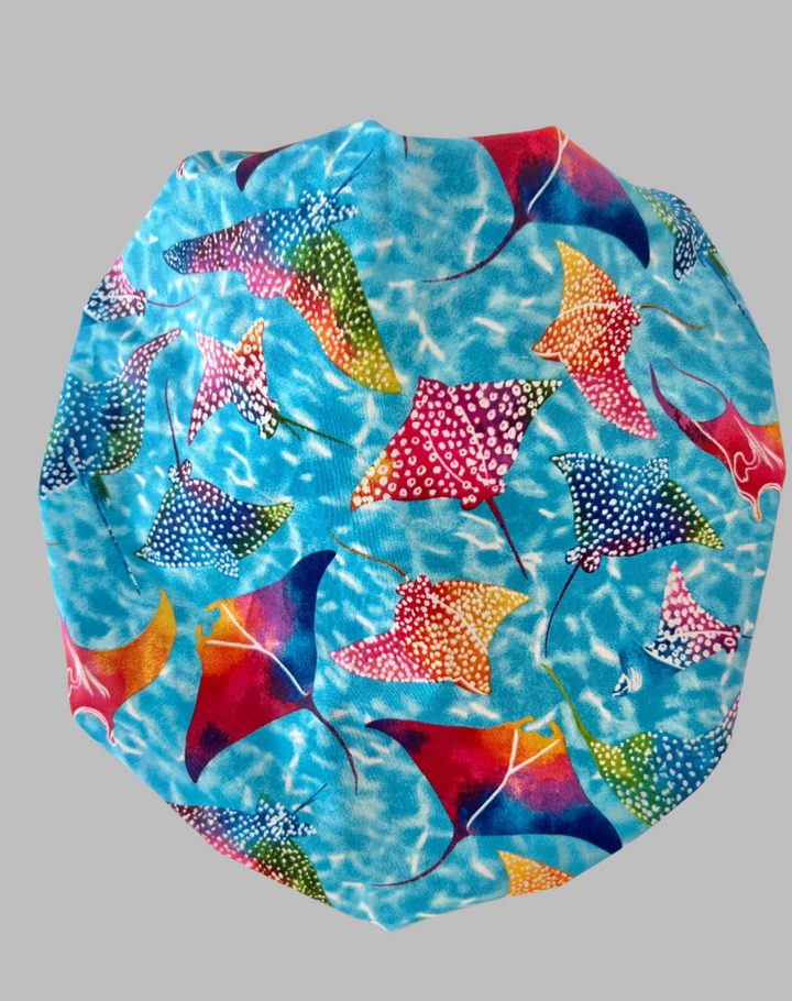 Colorful Manta Ray Bouffant Scrub Cap – Ocean Stingray Surgical Cap, Sea Life Nurse Hat, Underwater Marine Theme