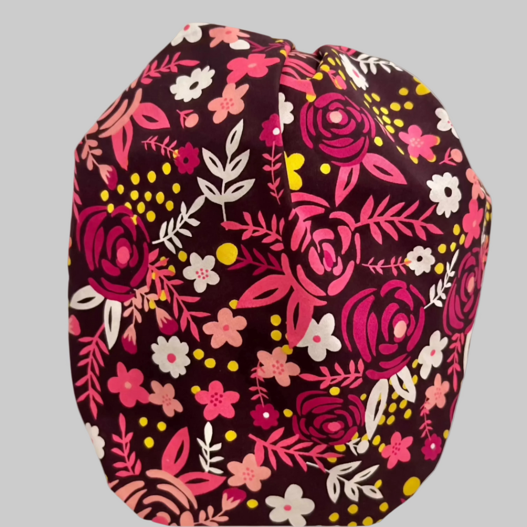 Brown Floral Bouffant Scrub Cap – Hot Pink Red Surgical Hat, Bold Nurse Cap, Women’s OR Scrub Hat
