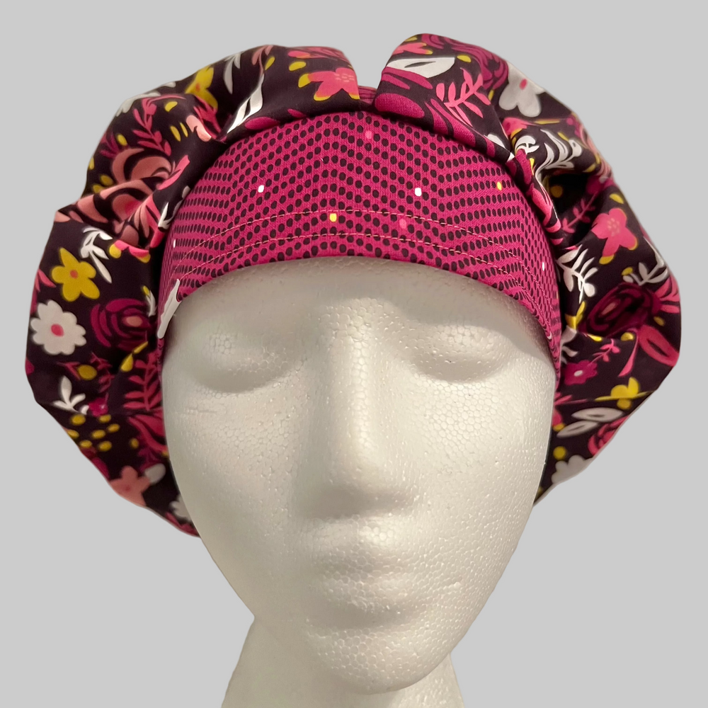 Brown Floral Bouffant Scrub Cap – Hot Pink Red Surgical Hat, Bold Nurse Cap, Women’s OR Scrub Hat