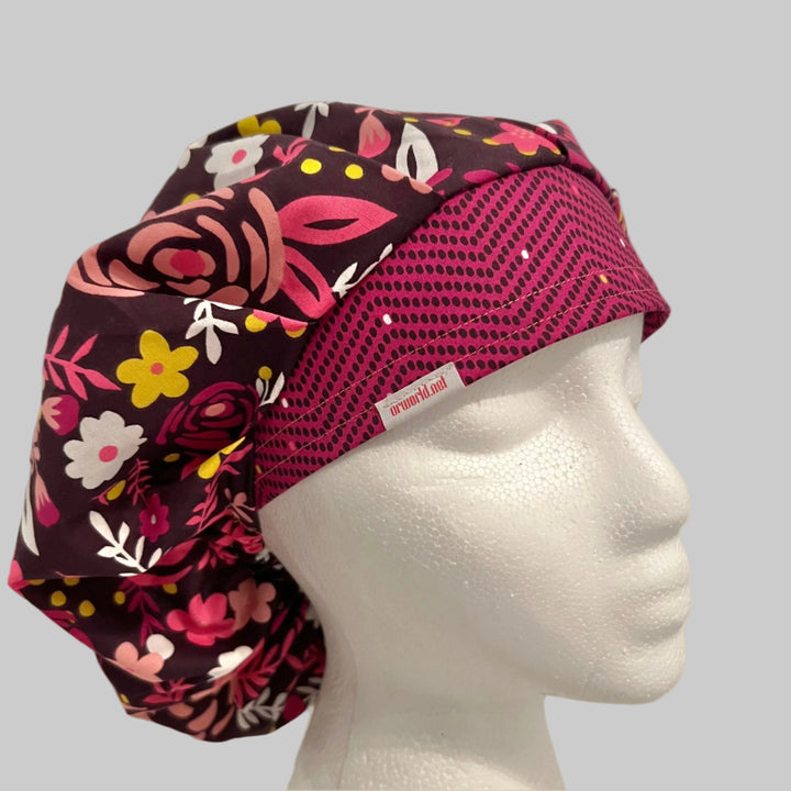 Brown Floral Bouffant Scrub Cap – Hot Pink Red Surgical Hat, Bold Nurse Cap, Women’s OR Scrub Hat
