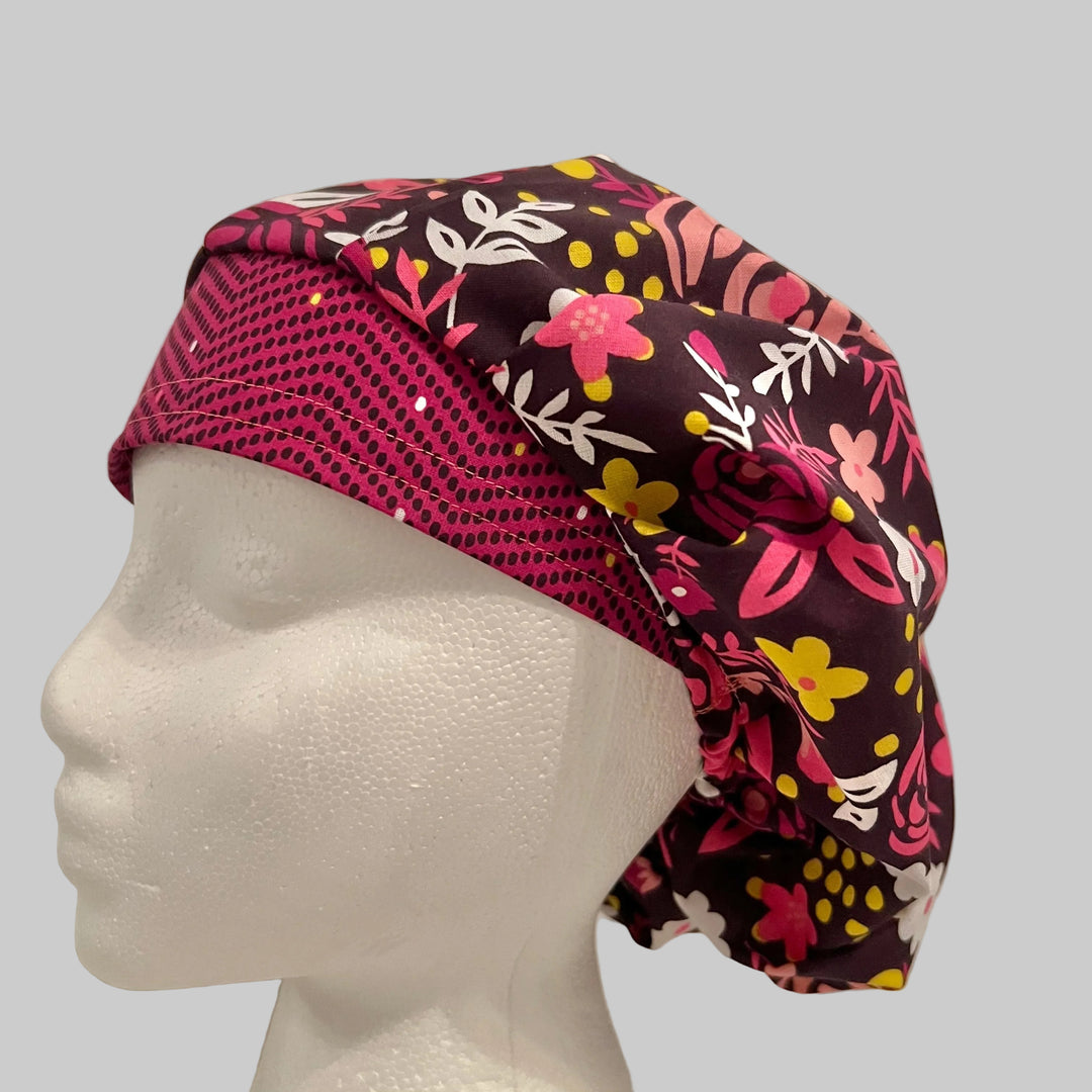 Brown Floral Bouffant Scrub Cap – Hot Pink Red Surgical Hat, Bold Nurse Cap, Women’s OR Scrub Hat