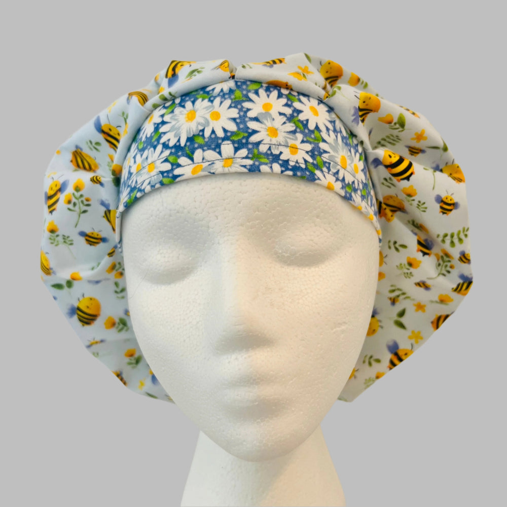 Bee Bouffant Scrub Cap with Daisy Band – Floral Surgical Hat, Adjustable Elastic, Women’s Nurse Cap, Cute OR Hat