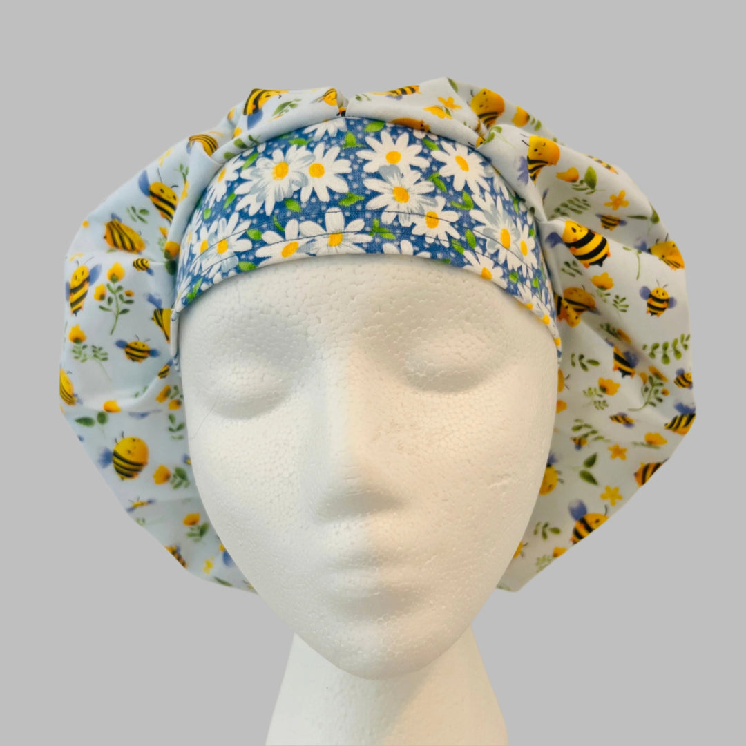 Bee Bouffant Scrub Cap with Daisy Band – Floral Surgical Hat, Adjustable Elastic, Women’s Nurse Cap, Cute OR Hat