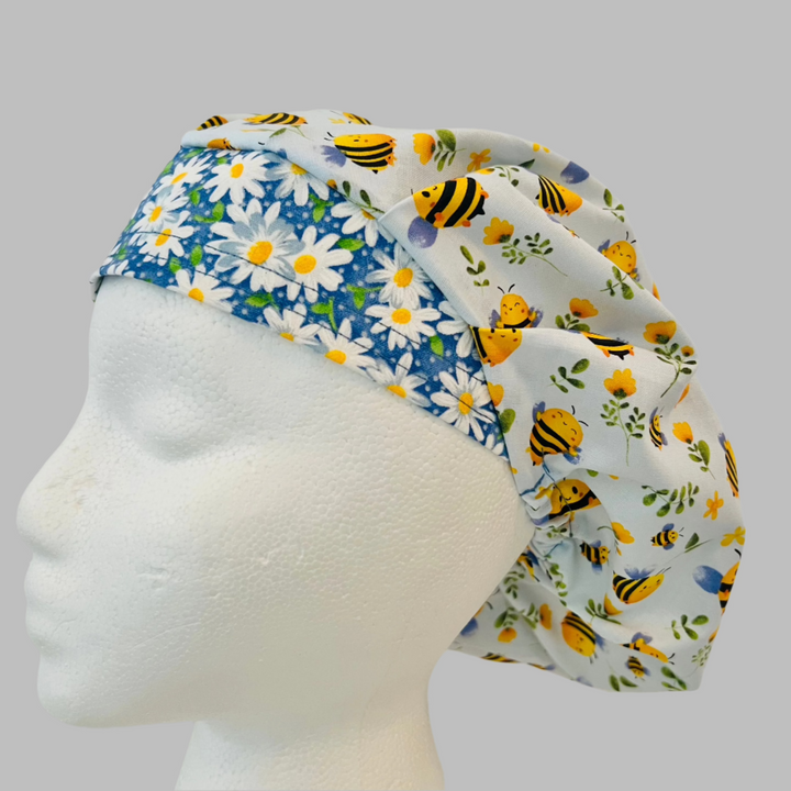 Bee Bouffant Scrub Cap with Daisy Band – Floral Surgical Hat, Adjustable Elastic, Women’s Nurse Cap, Cute OR Hat