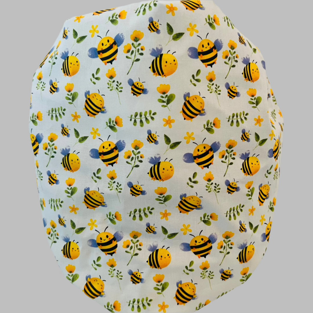Bee Bouffant Scrub Cap with Daisy Band – Floral Surgical Hat, Adjustable Elastic, Women’s Nurse Cap, Cute OR Hat