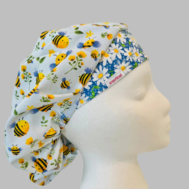 Bee Bouffant Scrub Cap with Daisy Band – Floral Surgical Hat, Adjustable Elastic, Women’s Nurse Cap, Cute OR Hat