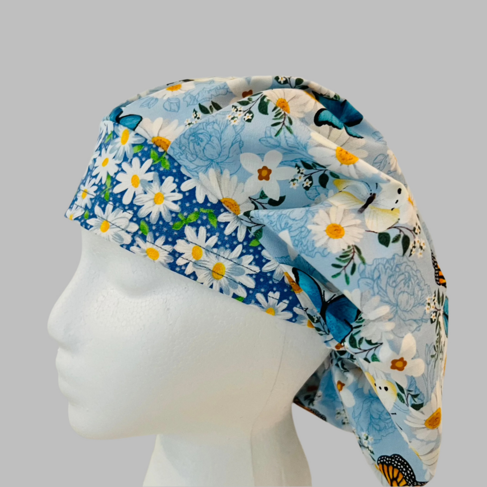 Spring Floral Butterfly Bouffant Scrub Cap | Daisy & Blue Floral Surgical Cap | Women’s Nurse Hat | OR Scrub Cap | Lightweight Cotton Cap