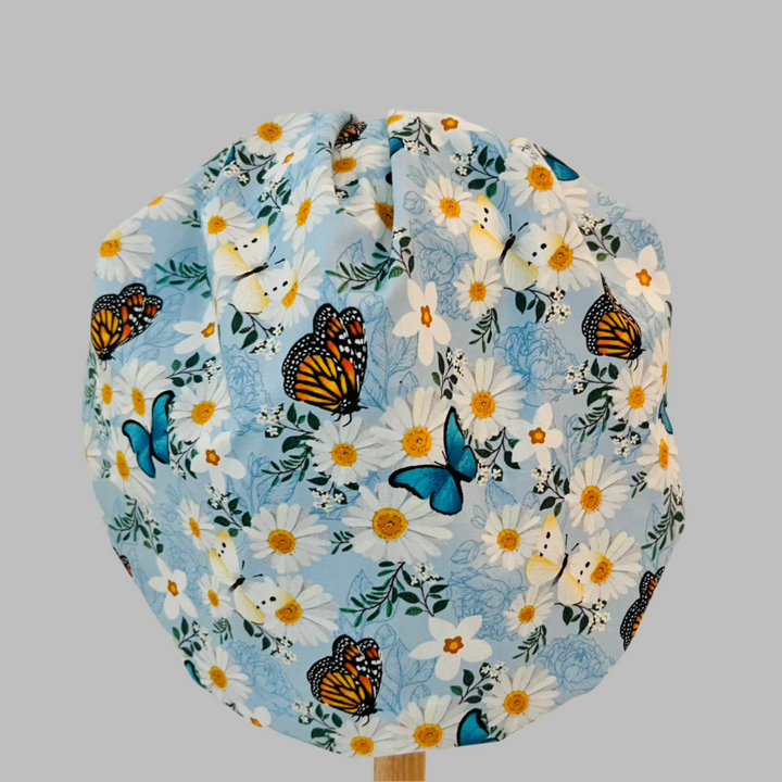 Spring Floral Butterfly Bouffant Scrub Cap | Daisy &amp; Blue Floral Surgical Cap | Women’s Nurse Hat | OR Scrub Cap | Lightweight Cotton Cap