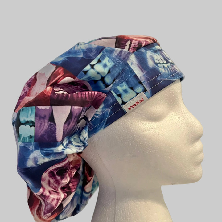 Dental X-ray bouffant scrub cap, side view with orworld.net label, surgical hat for dentists and hygienists, OR World