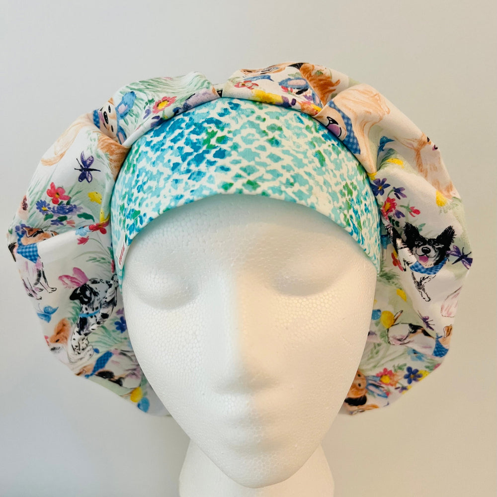 Bouffant Easter Dog Scrub Cap | Bunny Ear Puppy Surgical Hat | Adjustable OR Cap for Nurses & Surgeons | Contrasting Aqua Band | Satin Lining Option