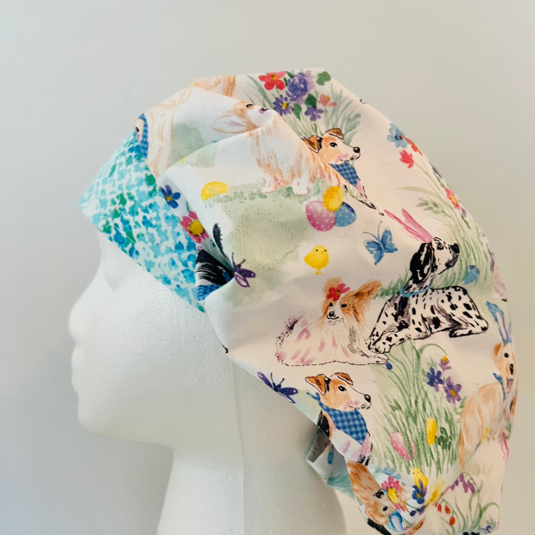 Bouffant Easter Dog Scrub Cap | Bunny Ear Puppy Surgical Hat | Adjustable OR Cap for Nurses &amp; Surgeons | Contrasting Aqua Band | Satin Lining Option