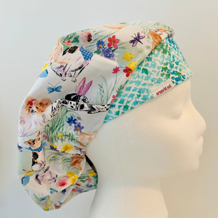 Bouffant Easter Dog Scrub Cap | Bunny Ear Puppy Surgical Hat | Adjustable OR Cap for Nurses &amp; Surgeons | Contrasting Aqua Band | Satin Lining Option