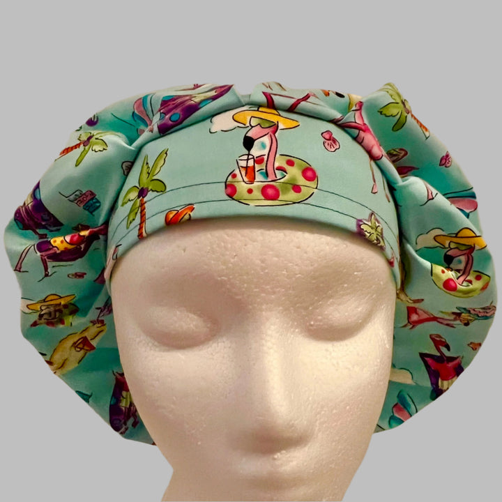 Flamingo Beach Bouffant Scrub Cap | Tropical Summer Nurse Hat | Funny Pink Flamingo Surgical Cap