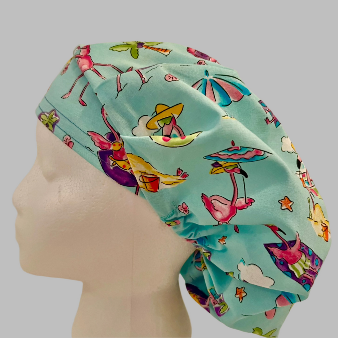 Flamingo Beach Bouffant Scrub Cap | Tropical Summer Nurse Hat | Funny Pink Flamingo Surgical Cap