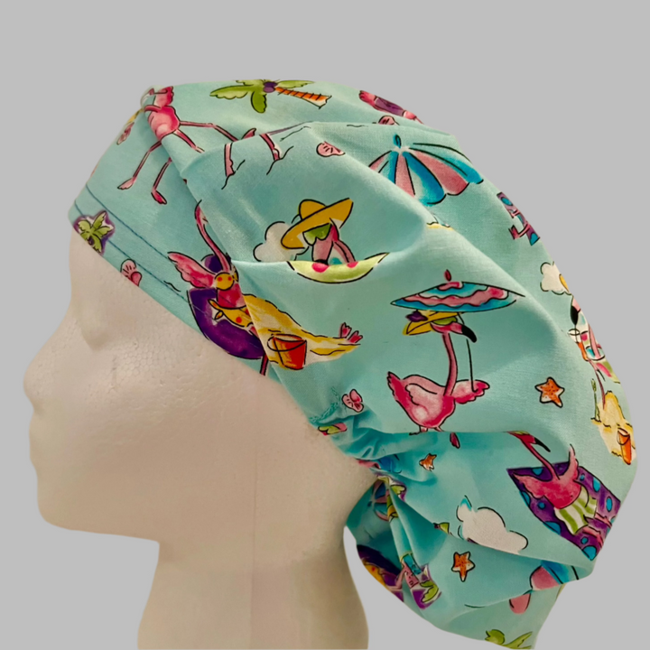 Flamingo Beach Bouffant Scrub Cap | Tropical Summer Nurse Hat | Funny Pink Flamingo Surgical Cap