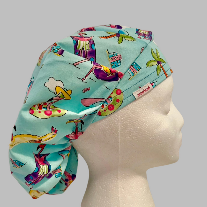 Flamingo Beach Bouffant Scrub Cap | Tropical Summer Nurse Hat | Funny Pink Flamingo Surgical Cap