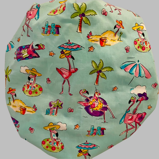 Flamingo Beach Bouffant Scrub Cap | Tropical Summer Nurse Hat | Funny Pink Flamingo Surgical Cap