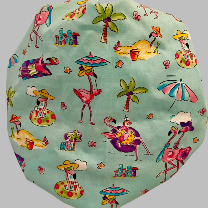 Flamingo Beach Bouffant Scrub Cap | Tropical Summer Nurse Hat | Funny Pink Flamingo Surgical Cap