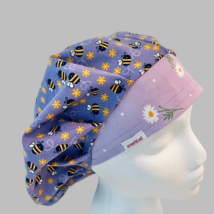Purple Bee Bouffant Scrub Cap – Daisy Floral Surgical Hat, Adjustable Elastic, Women’s Nurse Hat, OR Cap