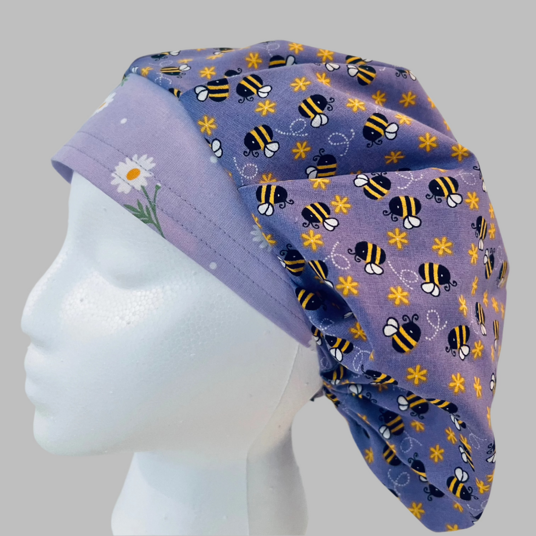 Purple Bee Bouffant Scrub Cap – Daisy Floral Surgical Hat, Adjustable Elastic, Women’s Nurse Hat, OR Cap