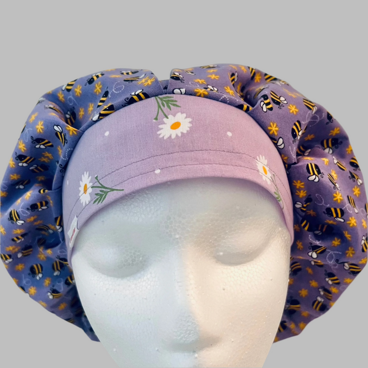 Purple Bee Bouffant Scrub Cap – Daisy Floral Surgical Hat, Adjustable Elastic, Women’s Nurse Hat, OR Cap