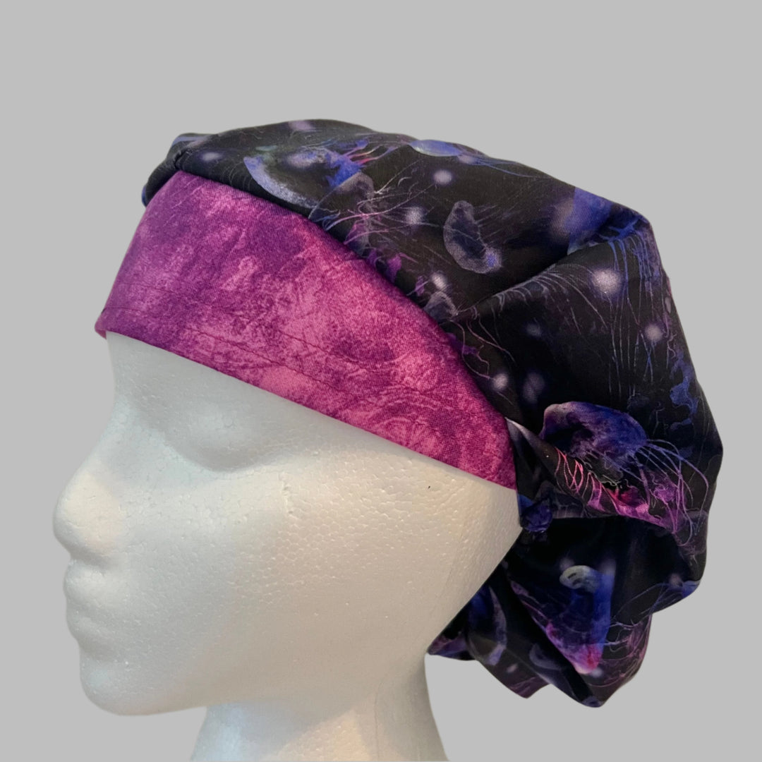 Glow Jellyfish Bouffant Scrub Cap – Neon Ocean Sea Life Surgical Hat – Nurse Cap, Underwater Marine Print, Women’s Surgical Hat