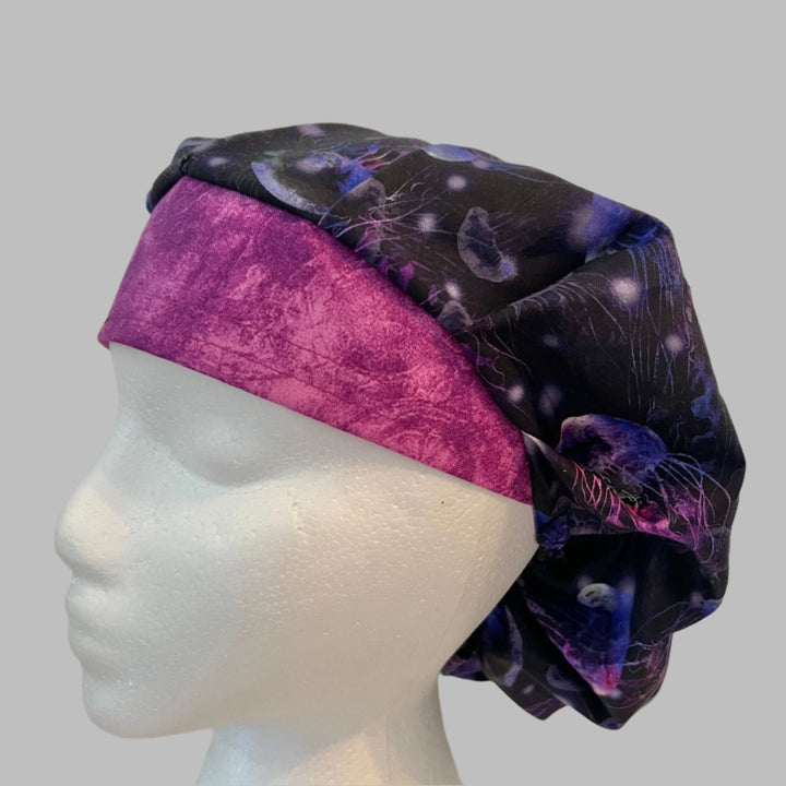 Glow Jellyfish Bouffant Scrub Cap – Neon Ocean Sea Life Surgical Hat – Nurse Cap, Underwater Marine Print, Women’s Surgical Hat
