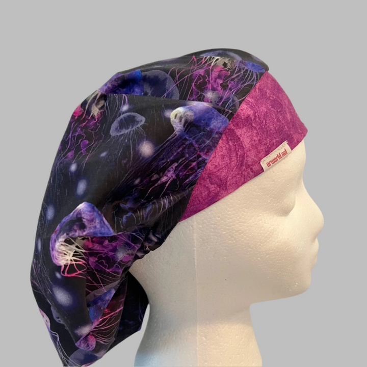 Glow Jellyfish Bouffant Scrub Cap – Neon Ocean Sea Life Surgical Hat – Nurse Cap, Underwater Marine Print, Women’s Surgical Hat
