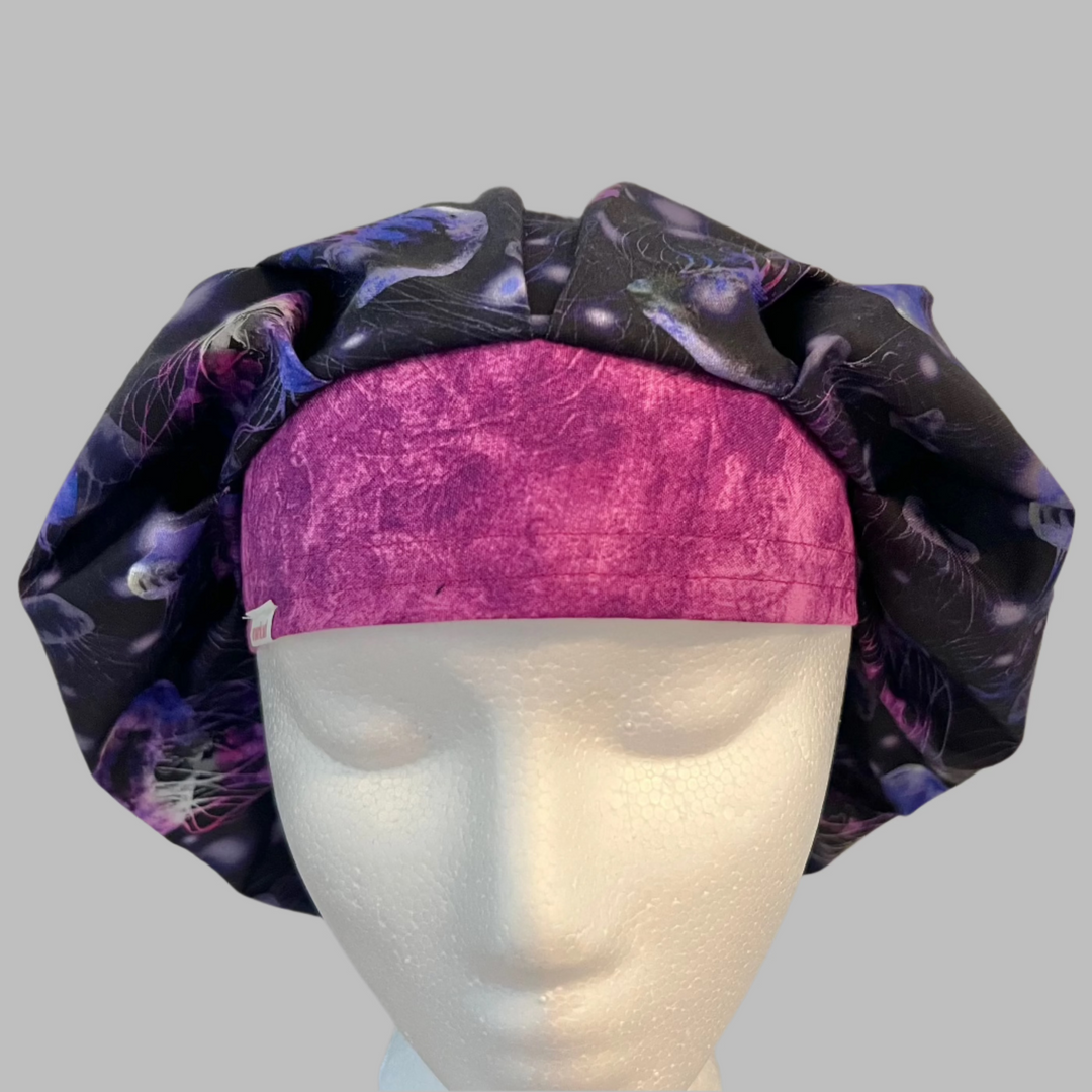Glow Jellyfish Bouffant Scrub Cap – Neon Ocean Sea Life Surgical Hat – Nurse Cap, Underwater Marine Print, Women’s Surgical Hat