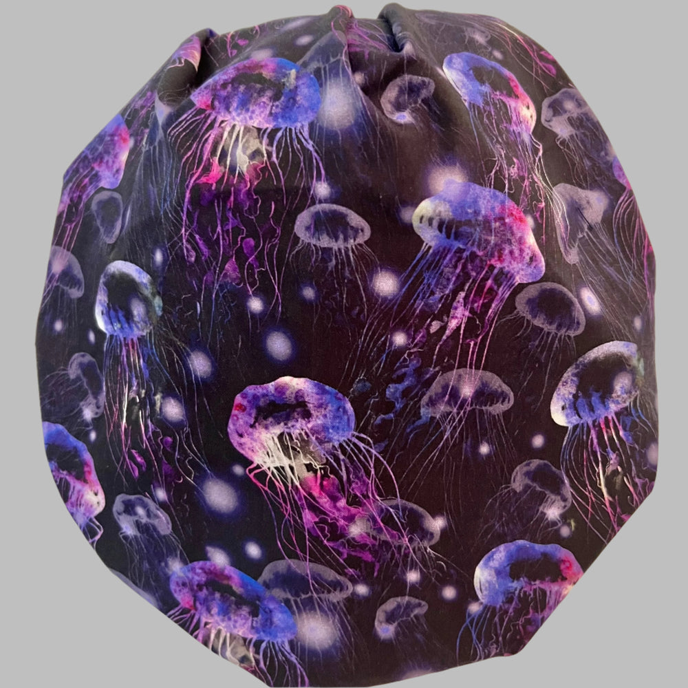 Glow Jellyfish Bouffant Scrub Cap – Neon Ocean Sea Life Surgical Hat – Nurse Cap, Underwater Marine Print, Women’s Surgical Hat