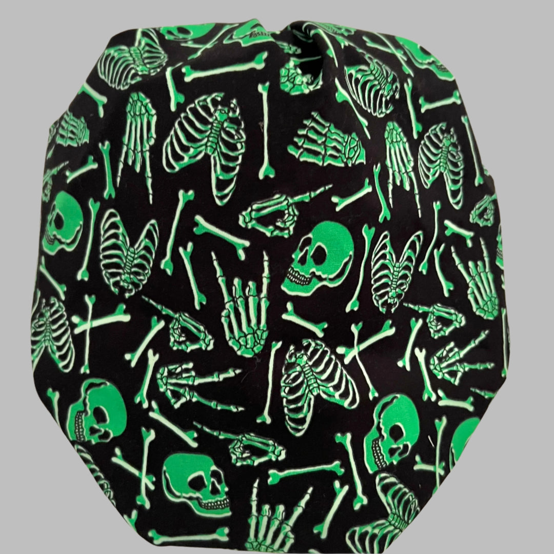 Neon Green Skeleton Bouffant Scrub Cap – Skull Surgical Hat – Halloween Nurse Cap for Long Hair – Spooky OR Cap