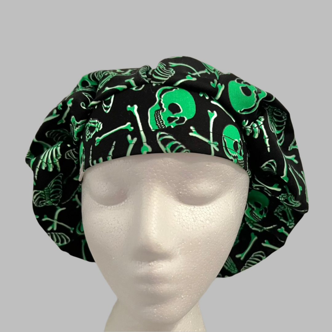 Neon Green Skeleton Bouffant Scrub Cap – Skull Surgical Hat – Halloween Nurse Cap for Long Hair – Spooky OR Cap