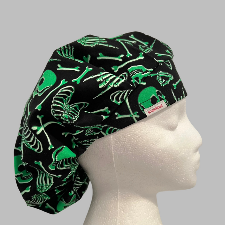 Neon Green Skeleton Bouffant Scrub Cap – Skull Surgical Hat – Halloween Nurse Cap for Long Hair – Spooky OR Cap
