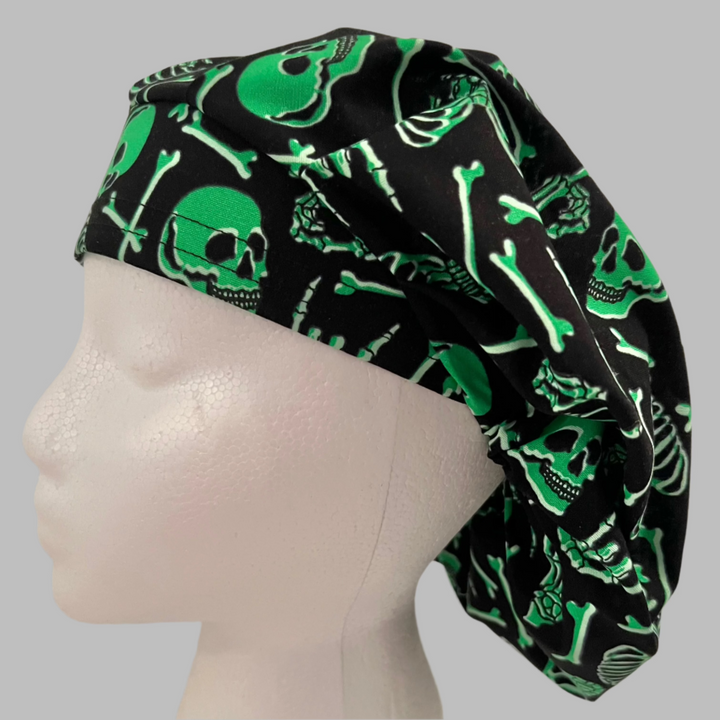 Neon Green Skeleton Bouffant Scrub Cap – Skull Surgical Hat – Halloween Nurse Cap for Long Hair – Spooky OR Cap