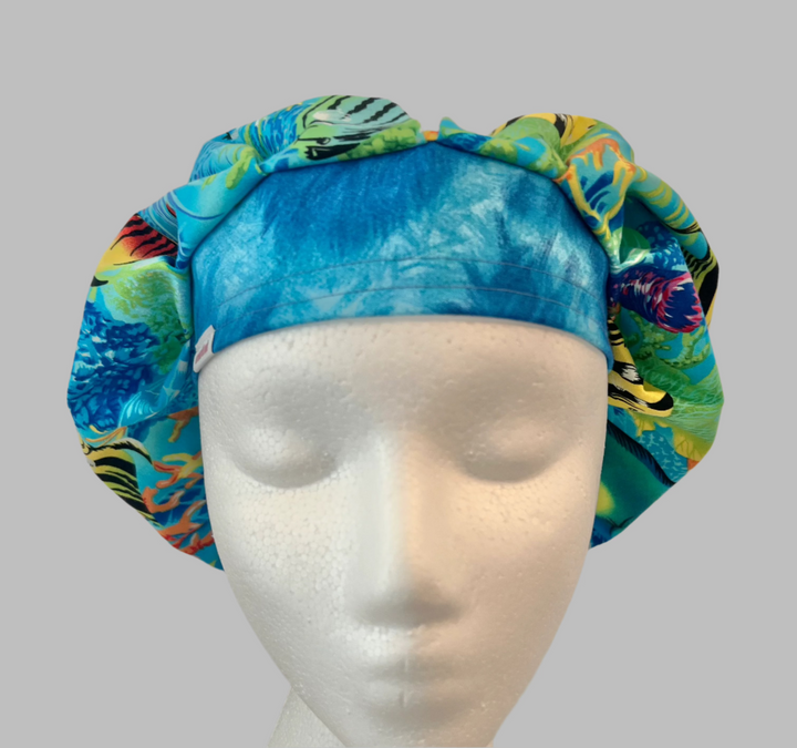 Tropical Ocean Bouffant Scrub Cap | Sea Turtle &amp; Coral Reef Fish Surgical Hat | Colorful Marine Life Nurse Hat