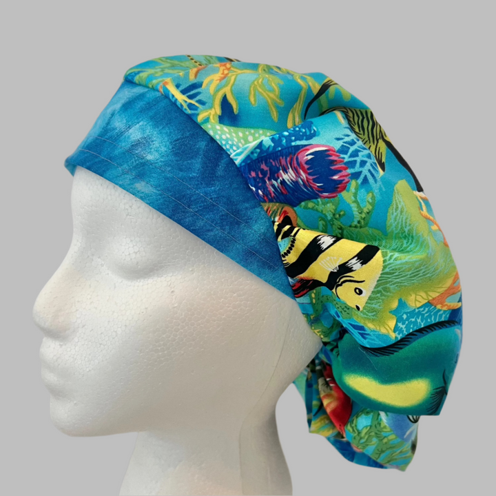 Tropical Ocean Bouffant Scrub Cap | Sea Turtle &amp; Coral Reef Fish Surgical Hat | Colorful Marine Life Nurse Hat