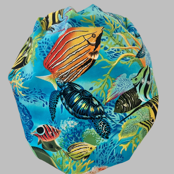 Tropical Ocean Bouffant Scrub Cap | Sea Turtle &amp; Coral Reef Fish Surgical Hat | Colorful Marine Life Nurse Hat
