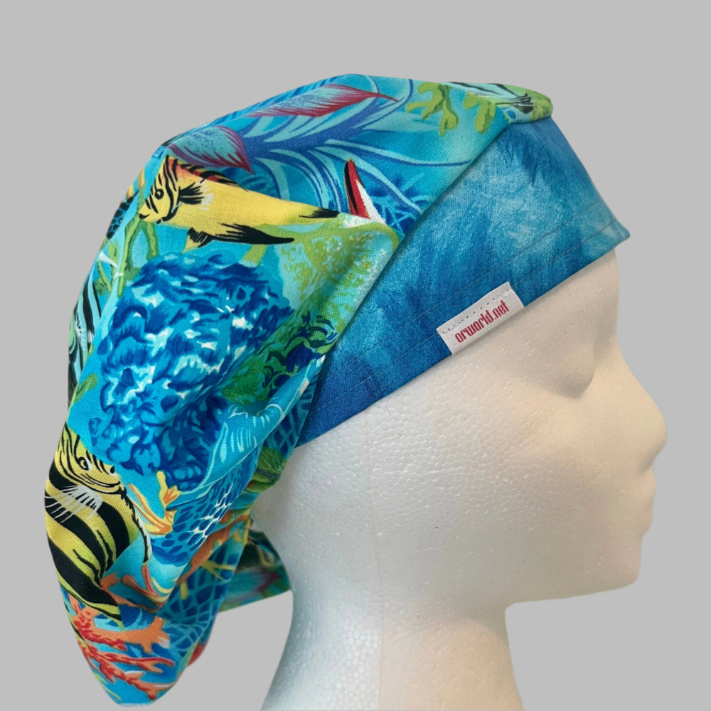 Tropical Ocean Bouffant Scrub Cap | Sea Turtle & Coral Reef Fish Surgical Hat | Colorful Marine Life Nurse Hat