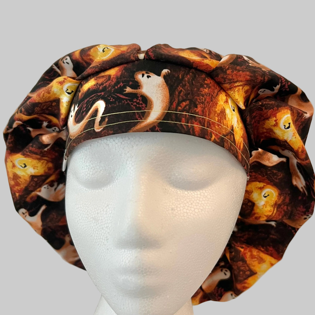 Bouffant Scrub Cap Halloween Ghost Pumpkin Surgical Hat | Fall Nurse Cap, Autumn OR Cap, Thanksgiving Scrub Hat |  front view