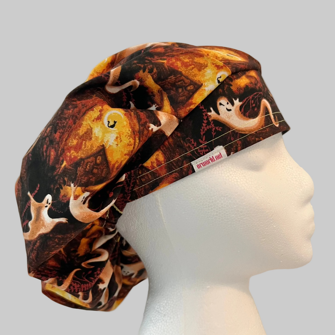 Bouffant Scrub Cap Halloween Ghost Pumpkin Surgical Hat | Fall Nurse Cap, Autumn OR Cap, Thanksgiving Scrub Hat | right side view