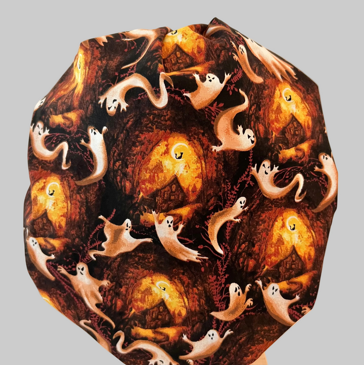 Bouffant Scrub Cap Halloween Ghost Pumpkin Surgical Hat | Fall Nurse Cap, Autumn OR Cap, Thanksgiving Scrub Hat | back view