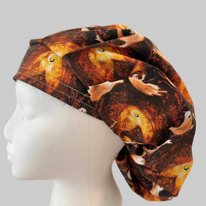 Bouffant Scrub Cap Halloween Ghost Pumpkin Surgical Hat | Fall Nurse Cap, Autumn OR Cap, Thanksgiving Scrub Hat |  left side view