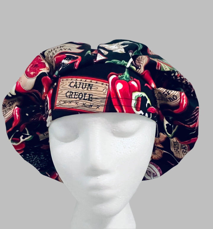 Spicy Foodie Bouffant Scrub Cap – Chili Pepper &amp; Hot Sauce Surgical Hat – Cute Food Print Nurse Cap for Long Hair