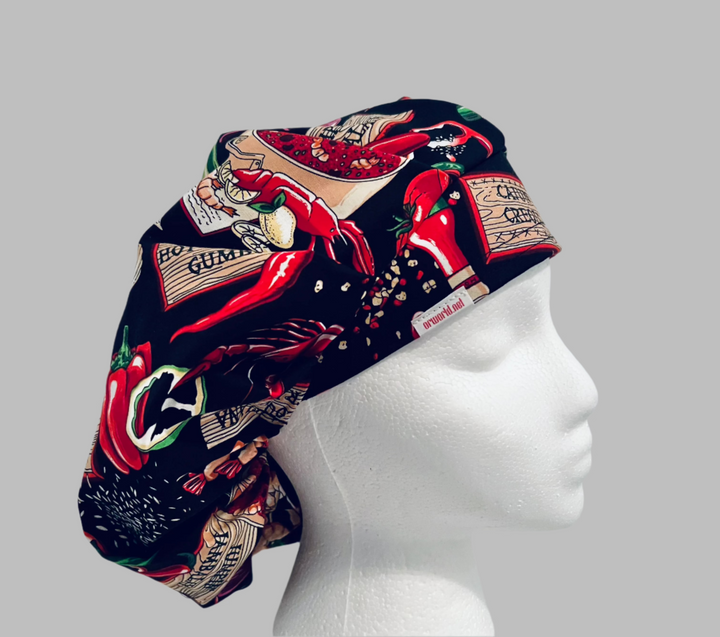 Spicy Foodie Bouffant Scrub Cap – Chili Pepper &amp; Hot Sauce Surgical Hat – Cute Food Print Nurse Cap for Long Hair