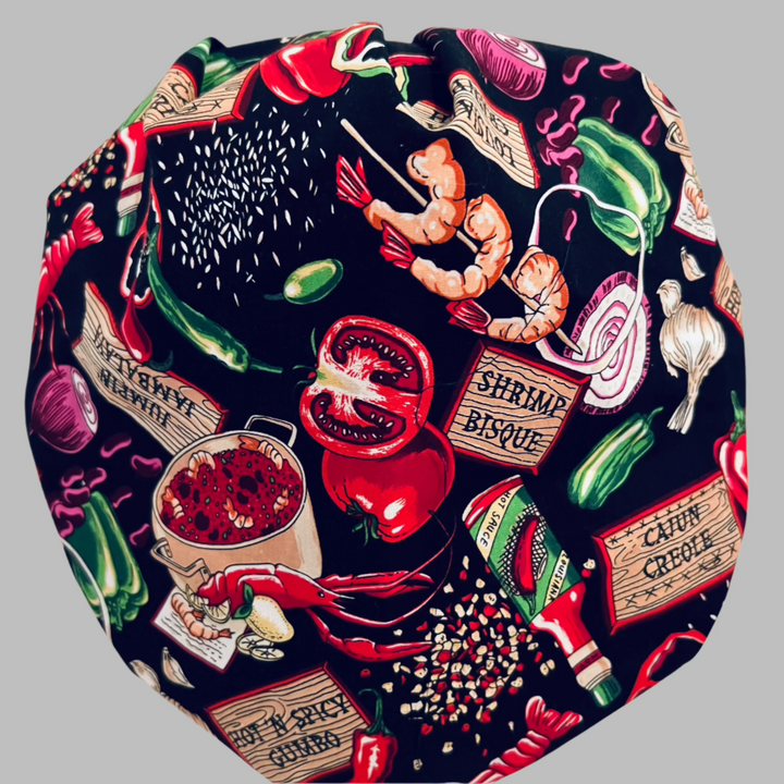 Spicy Foodie Bouffant Scrub Cap – Chili Pepper &amp; Hot Sauce Surgical Hat – Cute Food Print Nurse Cap for Long Hair