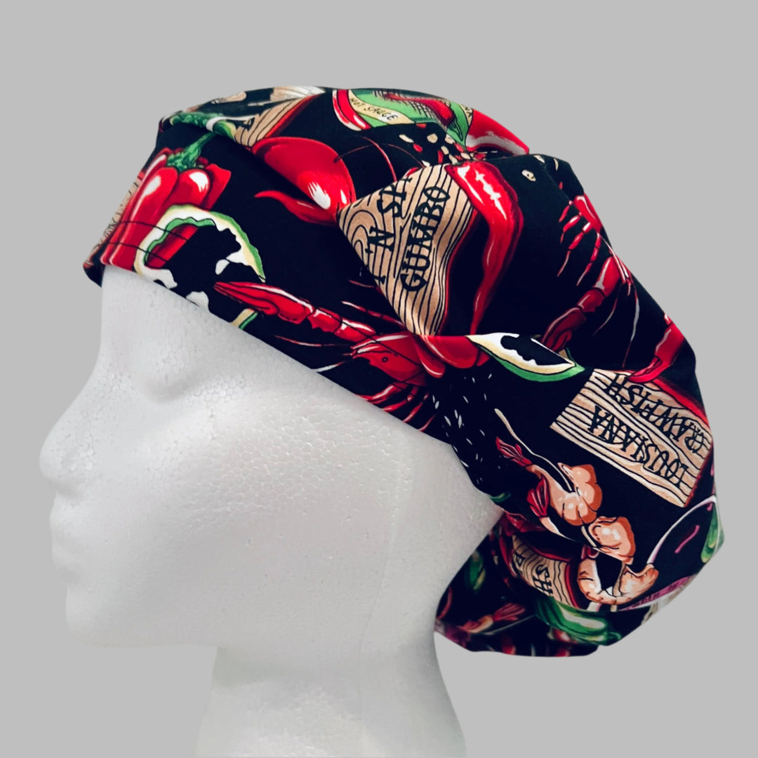 Spicy Foodie Bouffant Scrub Cap – Chili Pepper &amp; Hot Sauce Surgical Hat – Cute Food Print Nurse Cap for Long Hair
