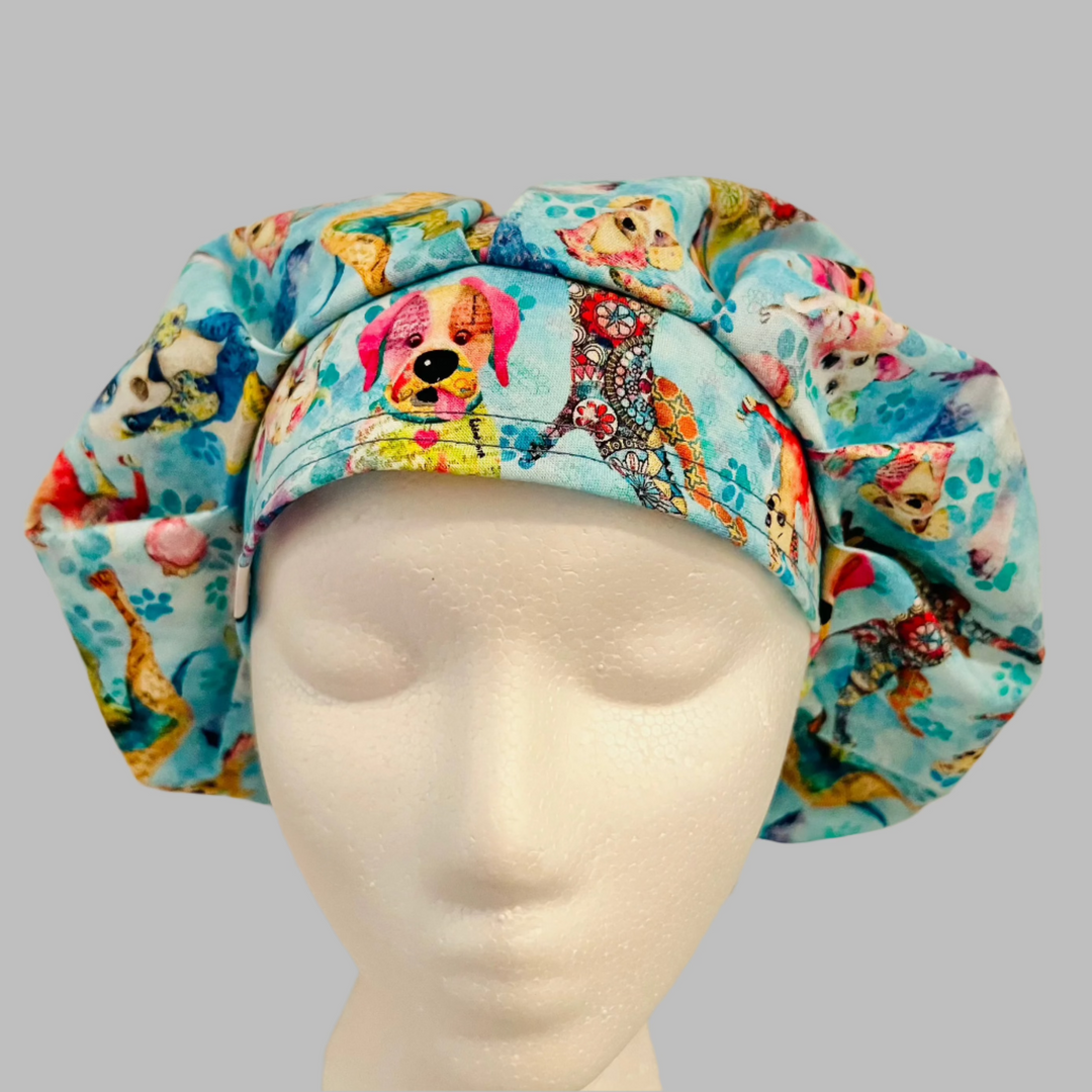 Bouffant Scrub Cap Colorful Dogs Print | Adjustable Unisex OR Cap | Gift for Nurses, Surgeons &amp; Dog Lovers
