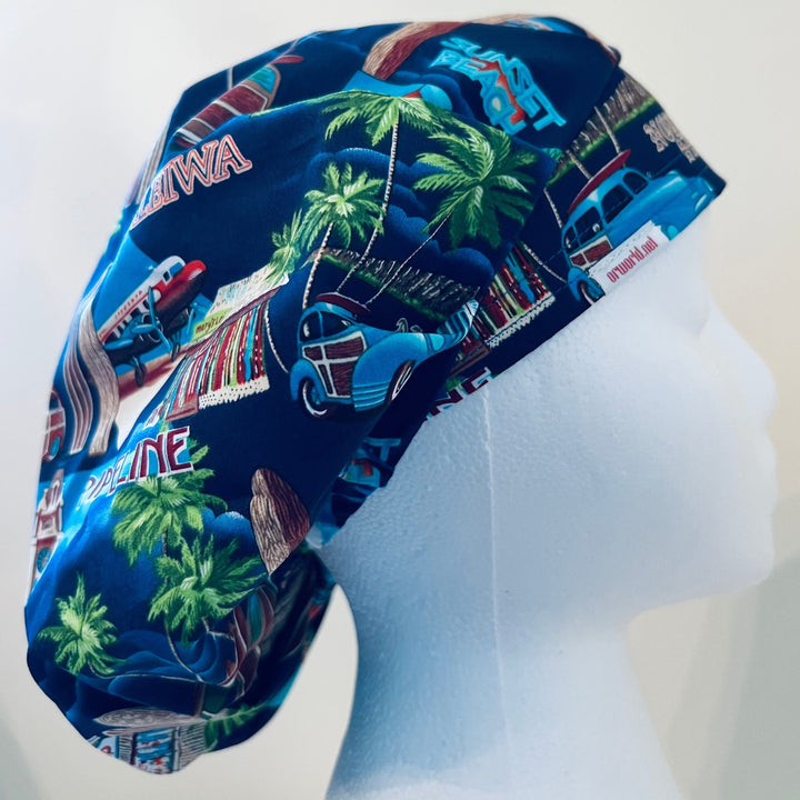 Hawaii Vacation Bouffant Scrub Cap – Waikiki &amp; Island Travel Nurse Cap – Tropical Hawaiian Surgical Hat for Long Hair