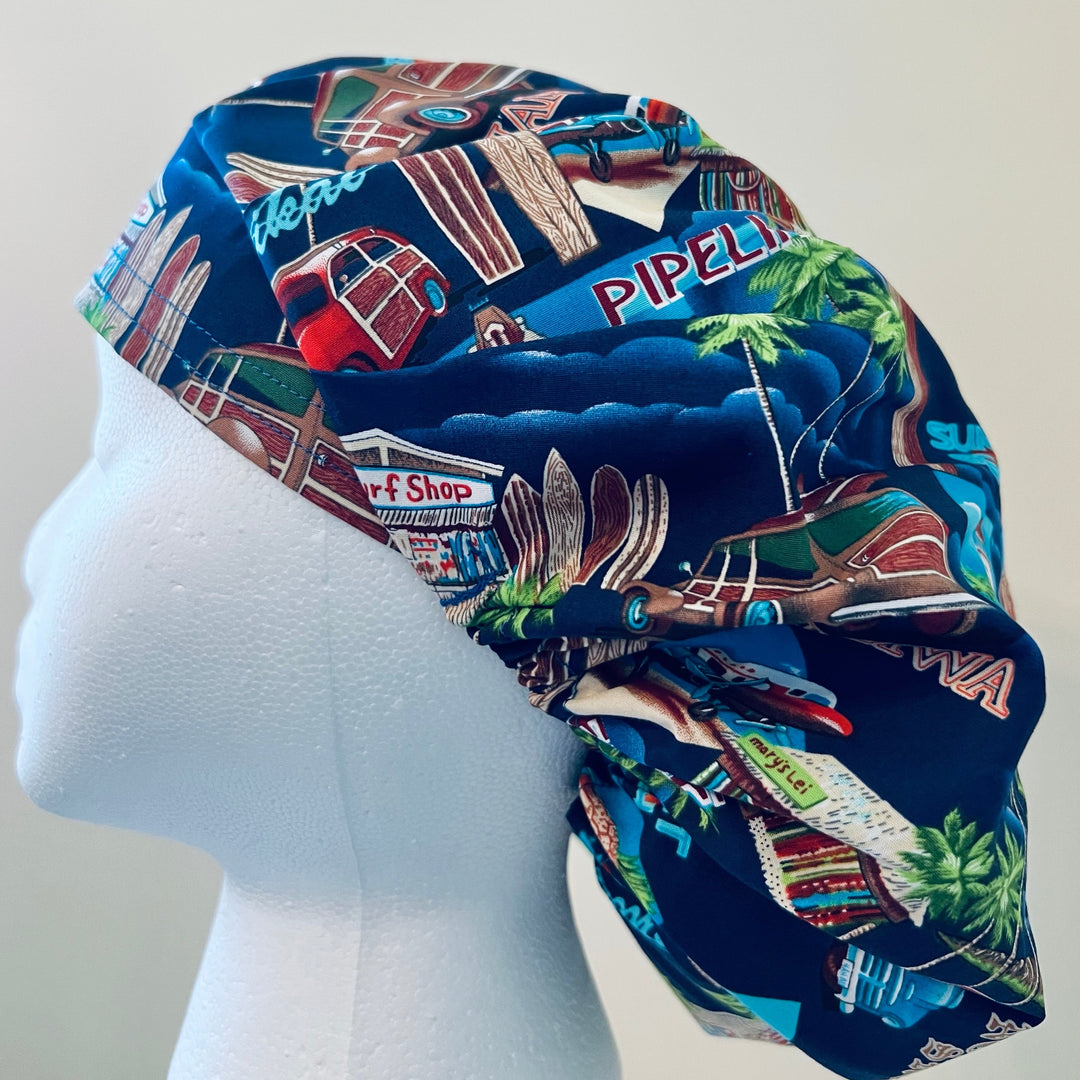 Hawaii Vacation Bouffant Scrub Cap – Waikiki &amp; Island Travel Nurse Cap – Tropical Hawaiian Surgical Hat for Long Hair