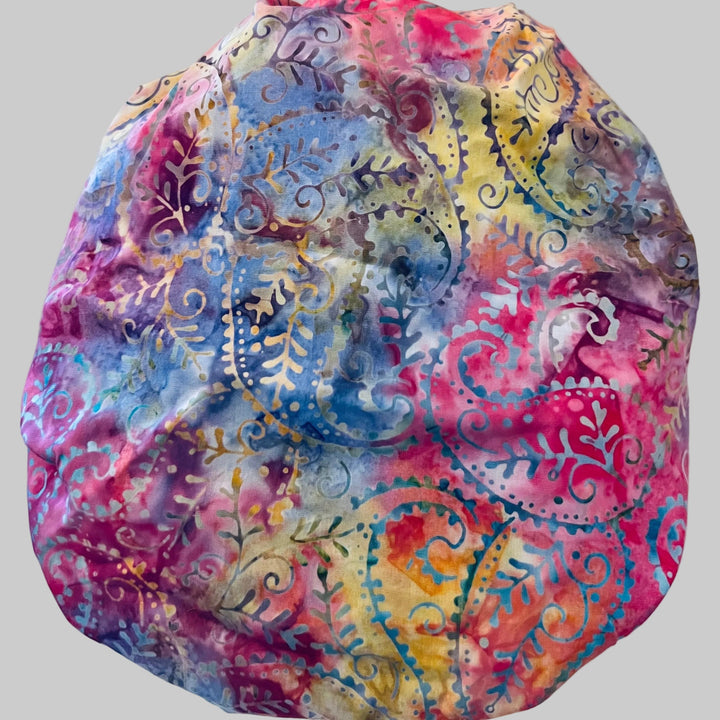Pastel candyland batik bouffant scrub cap with fuchsia, lavender &amp; lime hues — handmade-in-USA OR World surgical hat, cheerful gift for nurses &amp; surgeons.